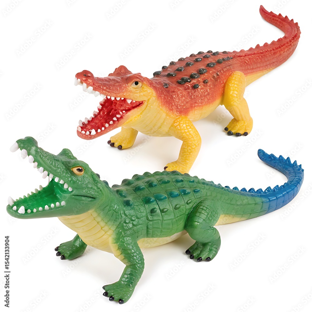 Fototapeta premium Vibrant Colorful Crocodile Toy Figures Red, Green Alligator Playthings for Kids - Isolated on White Background