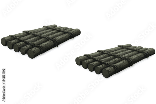 Wooden logs tied together with rope, detailed drawing of a log bundle