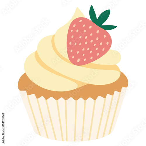 Strawberry Decorated Cake Illustration, Cute Pink Cake with Strawberries and Cream, Festive Layered Cake with Fruit and Icing