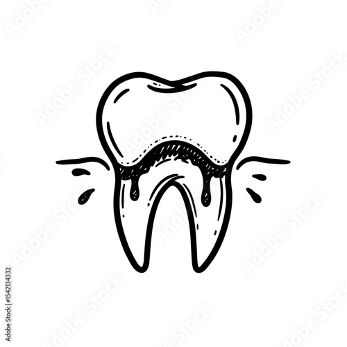Tooth icon with decay and dripping in sketch style for dental health concern concept