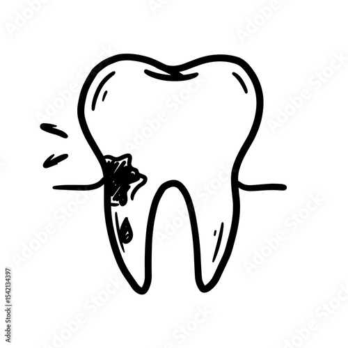 Tooth icon with cavity in sketch style for dental health issue concept