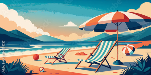 Sunny Beach with Umbrellas – Flat Vector Illustration
