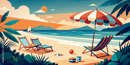Sunny Beach with Umbrellas – Flat Vector Illustration