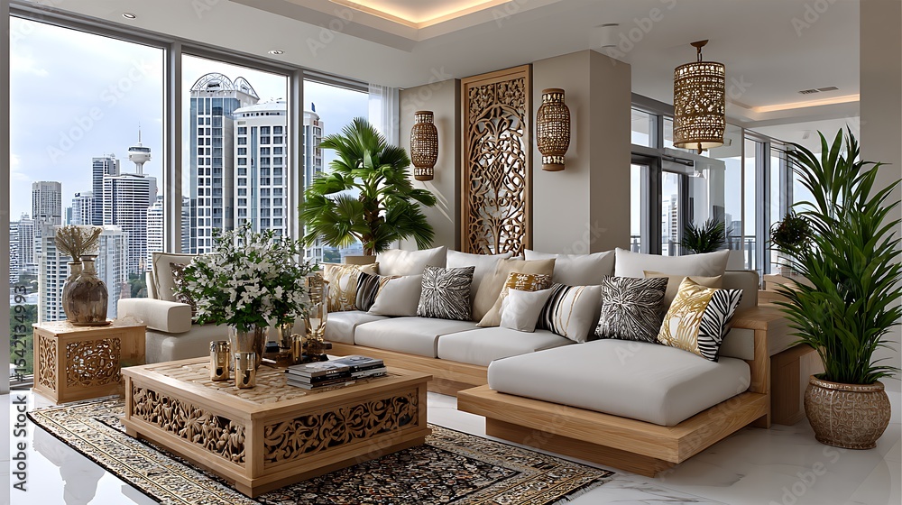 Obraz premium Luxury modern apartment living room with wooden furniture high resolution picture