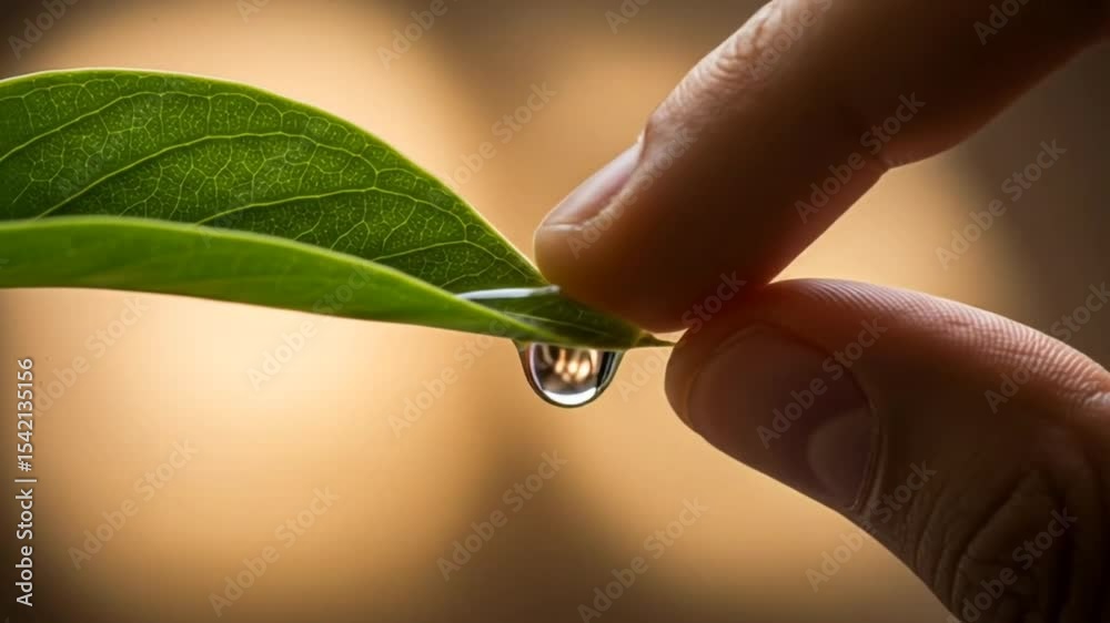 Mão humana segurando delicadamente uma folha verde com uma gota de água cristalina