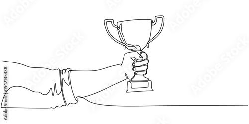Continuous one line drawing of hand holds trophy cup competition. Champion trophy cup in single line draw illustration. Editable stroke, Champion cup One line drawing isolated on white background.