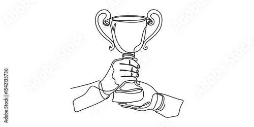 Continuous one line drawing of hand holds trophy cup competition. Champion trophy cup in single line draw illustration. Editable stroke, Champion cup One line drawing isolated on white background.
