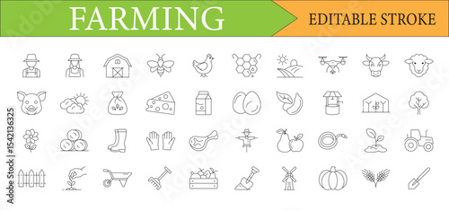 Farm Icon Set Line Art Illustrating Agricultural Elements and Farming Activities Suitable for Agriculture Related Designs and Projects