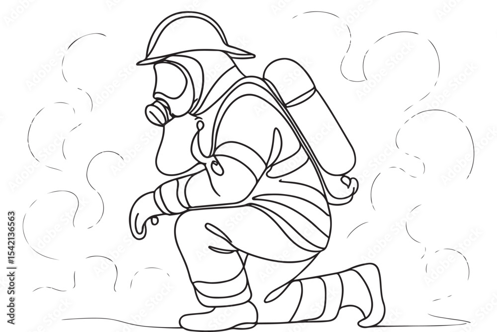 Fototapeta premium Line art drawing of firefighter in smoke, using breathing equipment