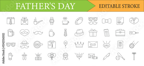 Father's Day Icon Set with Editable Stroke and Various Symbolic Representations in a Clean Line Art Style Design