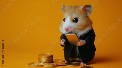 Adorable hamster dressed in suit using smartphone surrounded by gold coins on bright orange background transparent background png