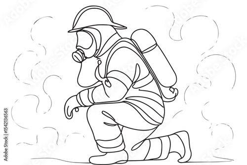 Line art drawing of firefighter in smoke, using breathing equipment