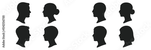 Diverse silhouettes of heads displaying various orientations and hairstyles in black against a blank background