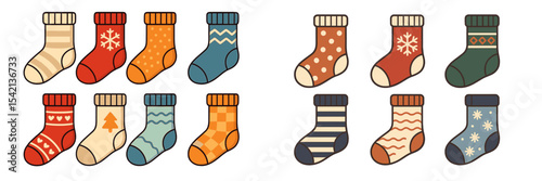 Collection of colorful winter socks with various patterns displayed on a white background