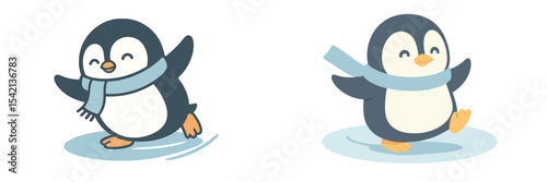 Two cheerful penguins wearing scarves glide happily across an icy surface in a winter wonderland setting