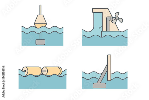 Various types of buoys and equipment designed for marine navigation and monitoring on a calm sea environment