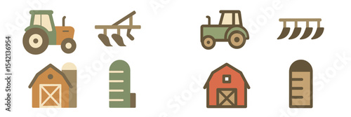 Tractors and farming equipment illustrate rural life and agricultural practices