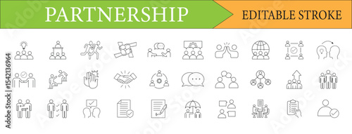 Diverse Partnership Icon Set Collaboration Teamwork and Business Concepts Featuring Communication Agreement and Success Editable Stroke Vector Illustrations