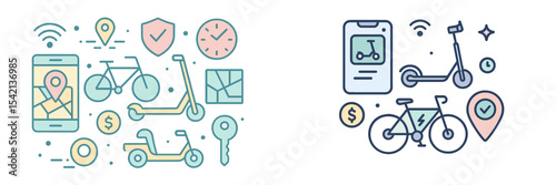 Icons representing modern urban mobility solutions including bicycles and e-scooters for city transportation