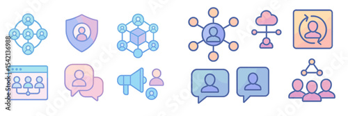 Digital communication and networking icons representing social connectivity and collaboration tools
