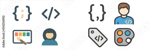 Digital design and coding symbols with depicted developers in an educational setting during daytime