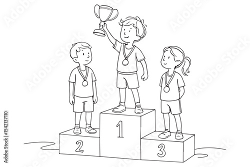 Children celebrating victory on podium with trophies and medals line art