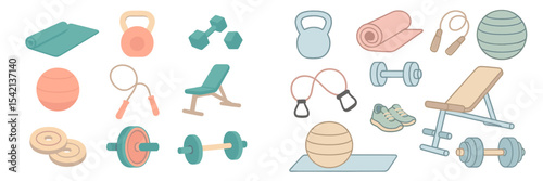 Collection of fitness equipment including weights and mats for various workout activities