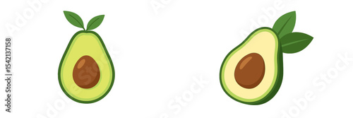 Avocado halves with pit displayed against a white background showcasing fresh produce