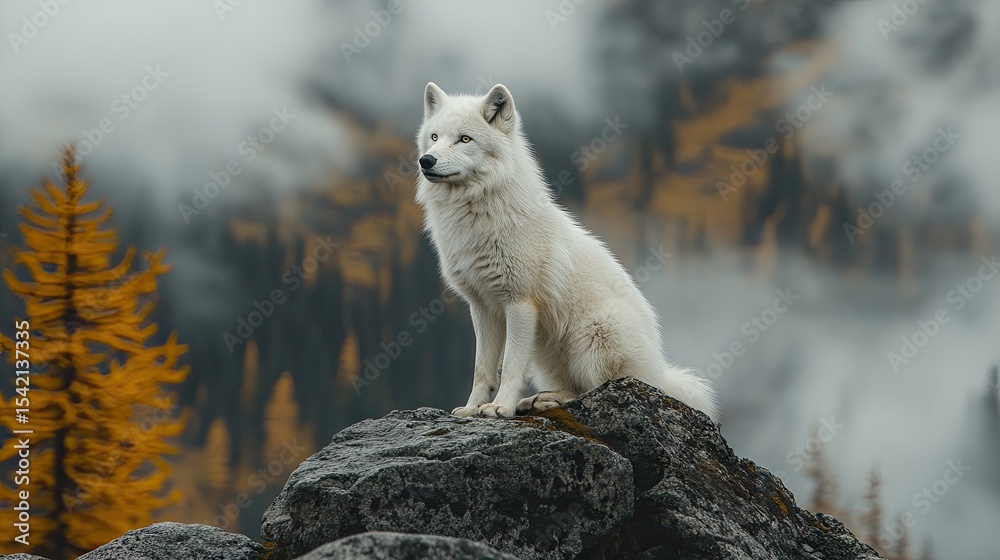 Obraz premium 3d rendering Majestic Arctic Wolf in Mountain Landscape: Stunning Wildlife Photography AI Generative