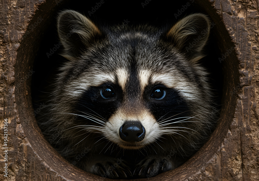 Obraz premium Curious Raccoon Peeking from Hole