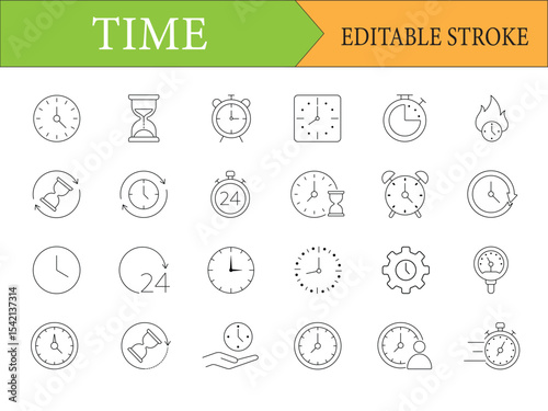 Collection of Time and Clock Icons Representing Editable Strokes and Time Related Concepts in Linear Style