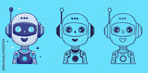 Chatbot Face, Assistant AI robot character set. Vector Outline and color hand drawing Avatar. Isolated symbols for tech support, security, chatbot, futuristic design. Not AI