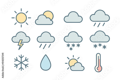 Variety of weather icons representing different atmospheric conditions and temperatures in simple designs