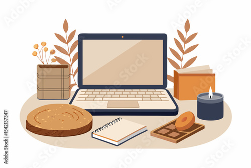 open laptop woven tray candle