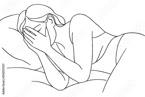Woman covering face in bed, feeling overwhelmed or stressed line art