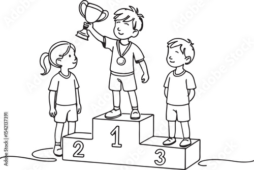 Kids on podium with trophies and medals in line art style