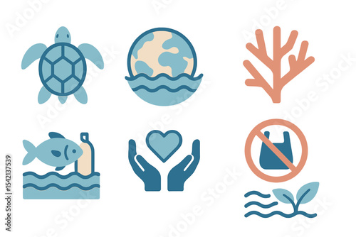 Illustrations depicting ocean conservation symbols including turtles, coral, and eco-friendly messages