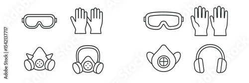 Safety equipment icons including gloves, masks, and goggles for various industries displayed on a clean background