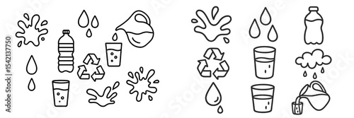 Illustrations depicting water conservation and recycling practices for everyday life