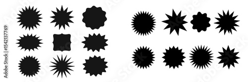 Various black geometric shapes with spikes and curves arranged in two groups on a white background