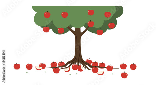 Apple tree with fallen red apples on the ground on a white background with copy space