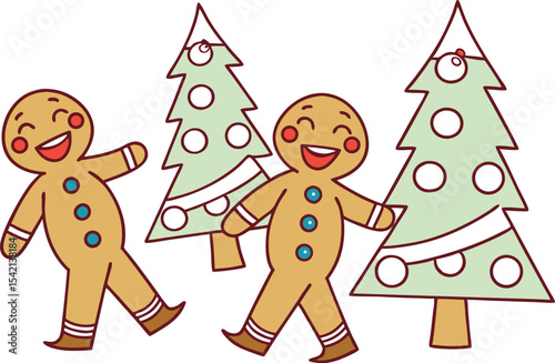 Happy Gingerbread Men Walking Among Decorated Christmas Trees Illustration