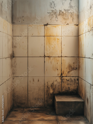 Dirty tiled bathroom wall with mold and stains