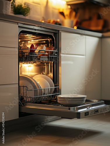 Open dishwasher with clean dishes in modern kitchen
