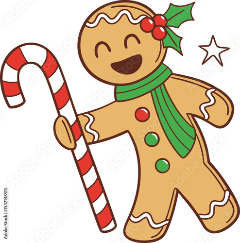 Cartoon Gingerbread Man with Candy Cane and Holly for Christmas