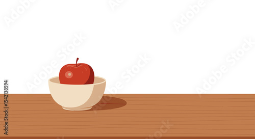 Single red apple in a white bowl on a wooden table with copy space