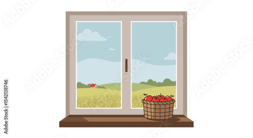 Basket of apples on a rustic windowsill overlooking a countryside view with a white background
