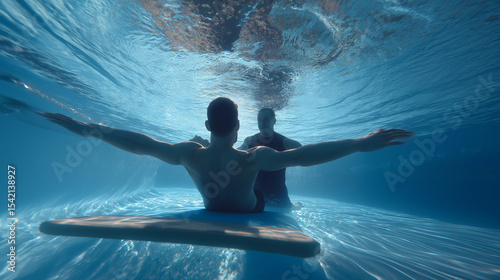 Underwater view of man on float board doing weight-loss hydro workout with a trainer