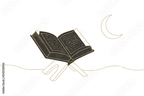 Simple line drawing of a holy book on a stand under a crescent moon, black and gold color scheme, peaceful artistic style.