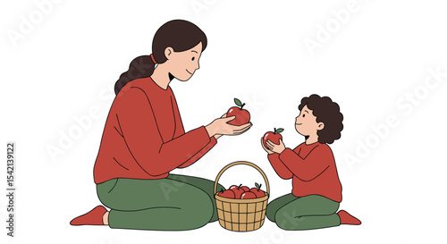 Mother and child, happy, exchanging apples, sitting on the floor with a basket